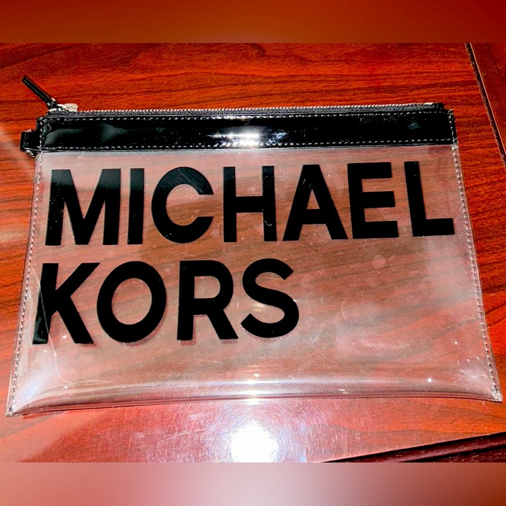 NWOT Michael Kors cosmetic bag Clear with Black accents 9”x6”
